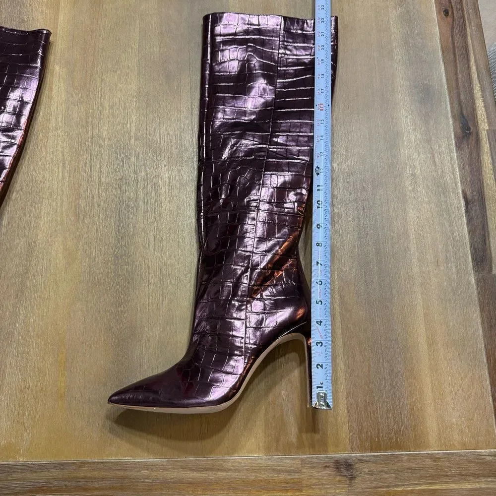 BLACK SUEDE STUDIO Tall Stiletto‎ Boot Croc Embossed Point Toe Oxblood Metallic